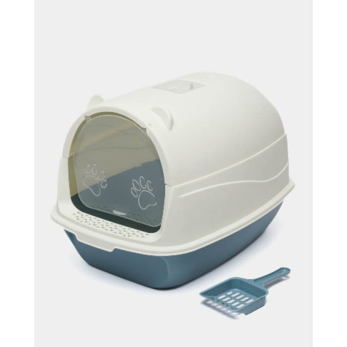 ARENERO CERRADO P/ GATOS CON PALA SANITARIA BL/PETROLEO