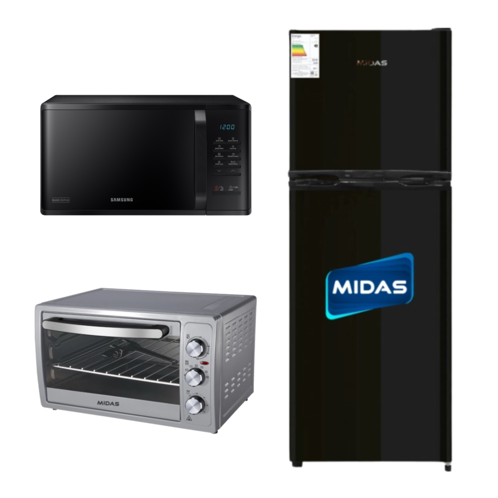 Diseño sin título - 2026-04-03T013549.918 Combo 3 – Heladera Midas 400Lts + Microondas Samsung 23L + Horno Eléctrico Midas 46Lts